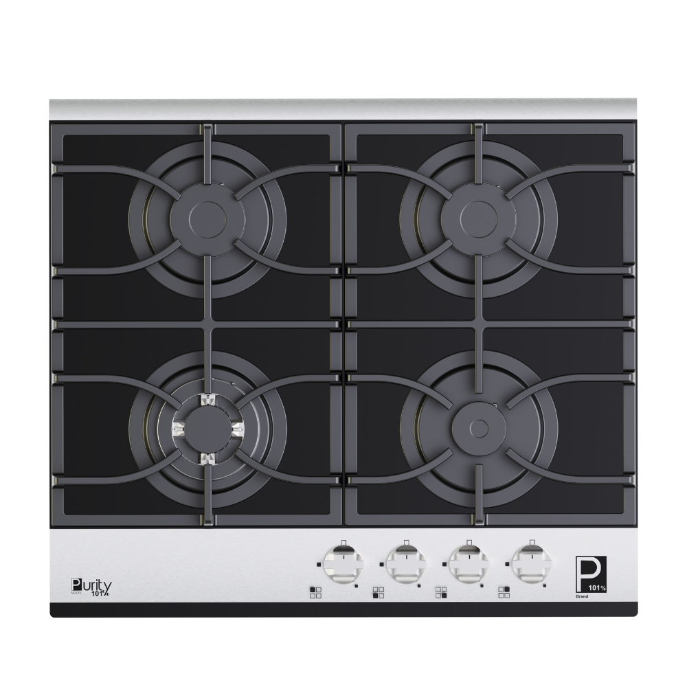 بيورتى مسطح غاز 60 سم  4 شعلة زجاج اسود ×سيلفر HPT622-GX – Gas Hob 4 Eyes Heavy Duty Grids