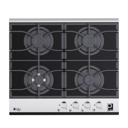 بيورتى مسطح غاز 60 سم  4 شعلة زجاج اسود ×سيلفر HPT622-GX – Gas Hob 4 Eyes Heavy Duty Grids